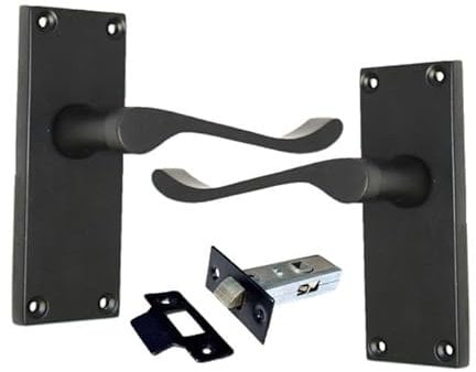 Matt Black Scroll Door Handle Set - Victorian Style Internal & External Lever Door Handles with Backplate (1 Pair of Handles + Tubular Latch)