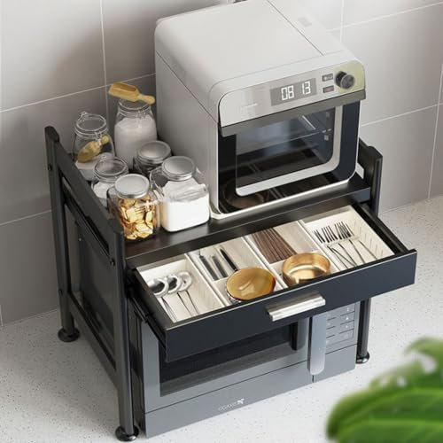 Étagère pour micro-ondes avec tiroir | Étagère de rangement de cuisine | Support en métal avec design coulissant | Étagère de rangement pour la maison et le bureau | Support de rangement pour