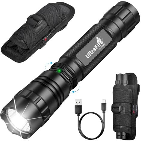 ULTRAFIRE Tactical Torch with Holster for Duty Belt, 1000 High Lumen Police Torch with Belt Holster, Rechargeable Law Enforcement Flashlight, 3 Modes Security Flashlight WF-501BX