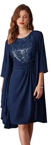 Women 2 Pieces Elegant Wedding Outfits Dress Suit Sequin Dress+3/4 Sleeve Chiffon Cover Up Navy Blue Red Size 14