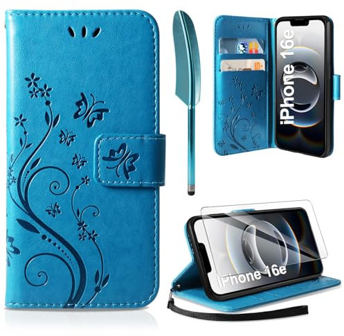 AROYI Lederhülle Kompatibel mit iPhone 16E (2025) Hülle und Schutzfolie, Flip Wallet Handyhülle PU Leder Case Kartensteckplätzen Schutzhülle Kompatibel mit iPhone 16E (2025) Blau