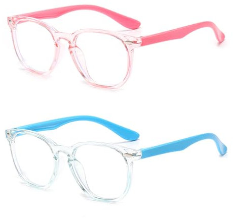 YNR 2 lentes de bloqueo de luz azul para niños y niñas, lentes de computadora para juegos de TV, antifatiga ocular, lentes antirreflejos UV con filtro de luz azul para niños, rosa y azul, rosa y azul,