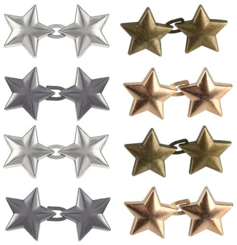 8 Paires d'Attaches Réglables pour Pantalons Boutons Étoilés (Or/Argent/Noir Brillant/Bronze) Serre-Taille sans Couture pour Jeans, Jupes – Clip Ajustable en Métal – Accessoire de Mode Polyvalent