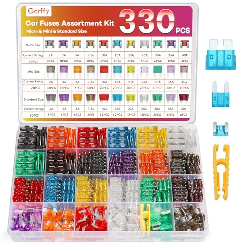 Gorffy Lot de 330 fusibles de voiture assortis 170 mini + 90 standards + 70 micro, 2 A 3 A 5 A 7,5 A 10 A 15 A 20 A 25 A 30 A 35 A 40 A Fusibles à lame avec extracteur de fusible pour automobile