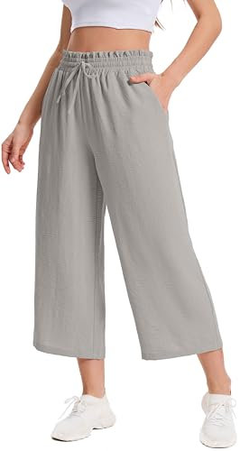 WUWUSKY Damen 3/4 Culotte Hose Leichte Sommerhose mit Taschen | Casual Lounge Hose mit Weitem Bein | Atmungsaktives Stoff Caprihose für Damen,Hellgrau,XXL