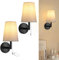 Glowlit Wall Lights for Bedroom with Pull Cord Switch, 2 Pack Black Wall Lamp with Linen Fabric Lampshade, Indoor Wall Lights for Living Room, Bedside (Bulb Not Included)