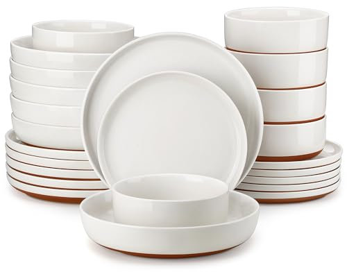 MALACASA Geschirrset 6 Personen, TARA 24-teiliges Steingut Geschirr Set - Schüssel- und Teller Set, Tafelservice mit je 6 Speiseteller, Dessertteller, Suppenteller und Müslischalen - Weiß
