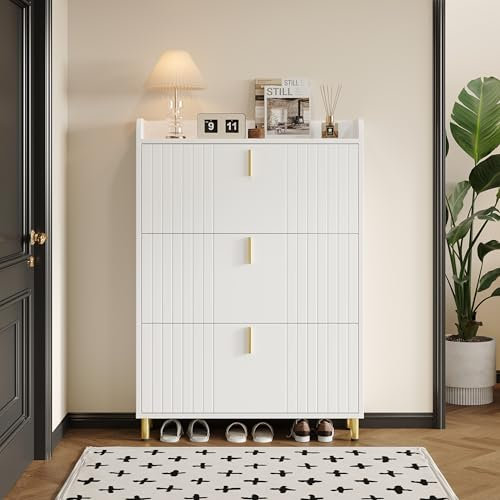 Schuhregal Schuhkipper Schmal, mit 6 Fächern, Schuhschrank mit 3 Klappen, Schuhschrank Weiss, Verstellbar, Anti-Kipp-Vorrichtung für Eingangsbereich, 80x23.5x123.5cm (1)