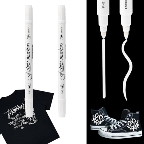 Nurila 2 Weiß Textilstifte Waschmaschinenfest, Stoffmalstifte Waschfest | Doppelkopf Textilmarker, Stoffstifte Waschmaschinenfest für T-Shirts, Hut, Segeltuchschuhe, Einkaufstasche