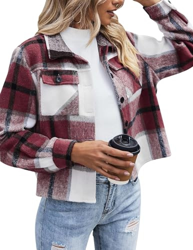 Zeagoo Veste courte à carreaux pour femme - Courte - Manches longues - Chemisier - Manteau en flanelle - Veste avec boutons - Vin rouge - L