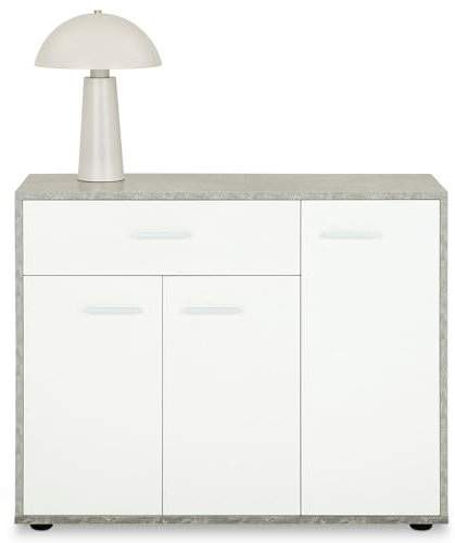 IDIMEX Buffet Salle à Manger Coraline L 88 cm en Bois Massif Coloris Blanc et béton avec 1 tiroir et 3 Portes, Commode Meuble de Rangement bahut 88 x 70 x 30 cm