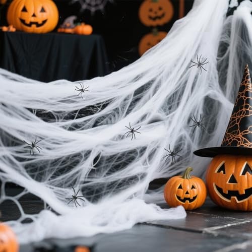 HOMIKLSA Spinnennetz Halloween 300 g, 1500 sqft mit 50 künstlichen Spinnen | Spinnweben Halloween Deko für Haus, Garten, Party und Spukhaus, dehnbar und leicht anzubringen, für innen und außen