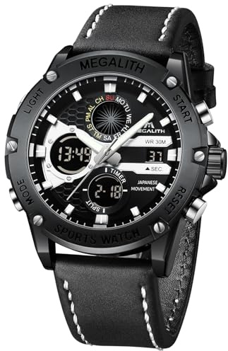 MEGALITH Herren Uhr Digital Lederarmband: Schwarz Analog Wasserdicht Armbanduhren für Herren - Groß Ziffernblatt Quarz Männer Sport Uhren - Mode Männer Geschenke
