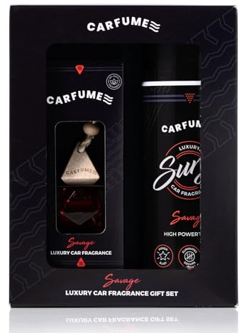 Carfume Savage Car Air Freshener Gift Set | Original Collection | Fresh Bergamot & Woody Ambergris Fragrance - Hanging Diffuser & Surge Can - Luxury Red Car Accessory Gift For Men