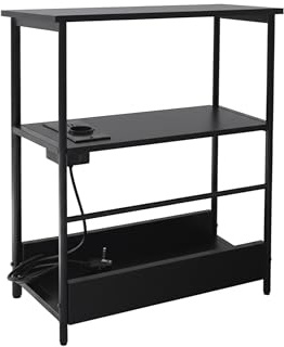 Relaxdays Beistelltisch mit Steckdose & USB-Anschlüssen, 2 Ablagen & Zeitungsfach, HBT: 58x45x18 cm, Nachttisch, schwarz