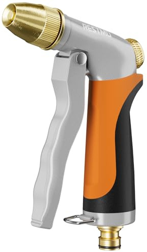 RESTMO Hose Pipe Spray Gun, 100% Metal Garden Hose Spray Gun | High Pressure Hose Nozzle with Solid Brass Head,4 Adjustable Spray Patterns,for Car Washing, Gardening, Patio&Window Cleaning