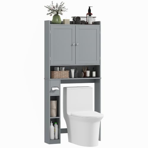 HOMCOM Meuble WC Dessus Toilette ou Machine à Laver 80x19,5x170 cm Gris | Armoire Au-Dessus Toilettes, 2 Portes, 3 Compartiments Ouverts, Étagère Réglable, Porte-Papier Toilette
