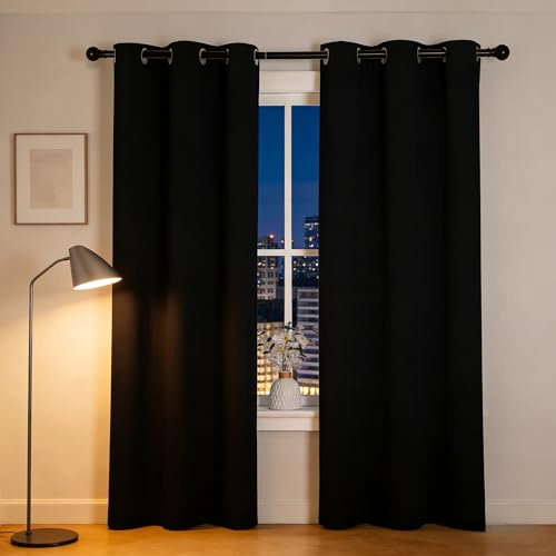 LCAIHONG Rideau Occultant 170 x 235 cm Thermique Isolant Rideaux Salon, Brise-Vue Épais Tenture Opaque à Oeillets, Isolant Anti-Bruit pour Maison Chambre Fenetre, Noir