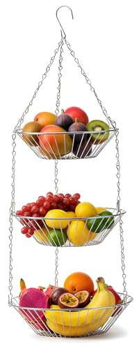 Tinsellns Edelstahl Hängender Obstkorb, Metall Hängender Obstkorb mit Haken, H x D: 74 x 28 cm, Obstschale, Ideal zur Aufbewahrung von Obst, Gemüse, Brot und Lebensmitteln