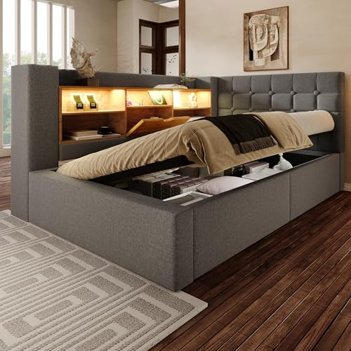 Schlafsofa 90x190 cm, L-förmiges Sofabett mit LED-Beleuchtung | Ohne Matratze, Hydraulisches Polsterbett mit Lattenrosten, Tagesbett für Schlafzimmer Leinen Grau