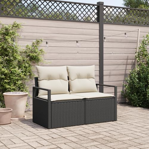 RMIHSJG Gartensofa 2-Sitzer mit Kissen Schwarz Poly Rattan, Wetterfestes Outdoor-Sofa mit Cremefarbenen Polstern für Garten und Terrasse, Stabiles Design aus Langlebigem Poly-Rattan