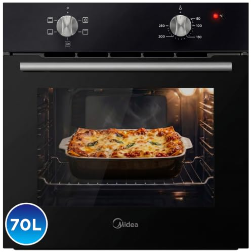 Midea Horno Electrico Empotrable Convencional de 70L y 2100W - Horno Integrable Negro con 4 funciones, Modo ECO - Hornos con Luz Led de Bajo Consumo, Puerta Doble Cristal, Bandeja Universal, y Rejilla