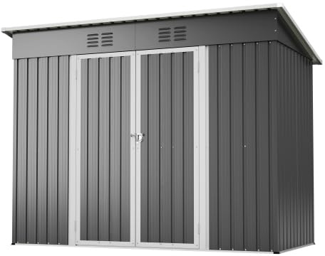 Metall Geräteschuppen 242x126x182 cm – Wetterfester Gartenschrank mit Schrägdach & Belüftung – Abschließbare Tür, Fundamentrahmen für Garten, Terrasse, Fahrrad & Mülltonnenbox (Grau)