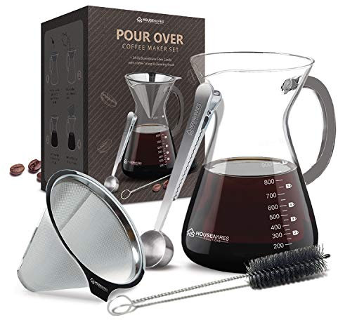 Pour Over Coffee Maker Set - 34 oz Glass Carafe, Stainless Steel Filter with Coffee Scoop and Cleaning Brush