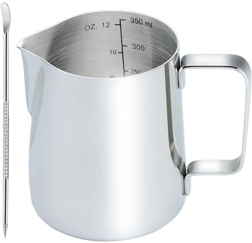 CAMKYDE Stainless Steel Milk Frothing Pitcher 12 oz, Espresso Steaming Pitcher with Decorating Pen for Espresso Machines, Cappuccino, Latte Art (Silver)