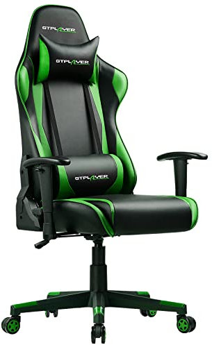 GTPLAYER Gaming Stuhl Bürostuhl Zocker Gamer Ergonomischer Stuhl Einstellbare Armlehne Einteiliger Stahlrahmen Einstellbarer Neigungswinkel (Schwarz-Grün)