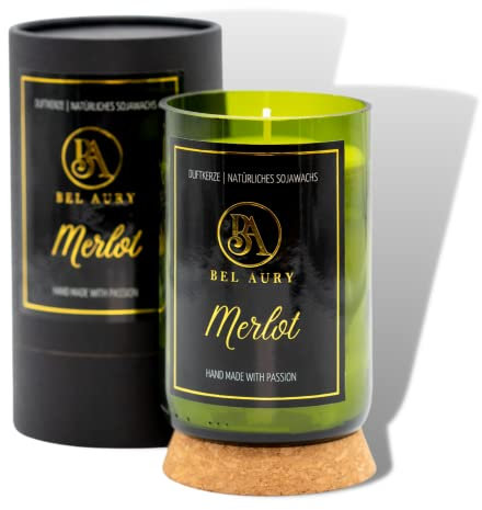 Bel Aury Merlot Duftkerze im Glas aus Weinflaschen - große besondere Deko Duftkerzen, mit lang anhaltendem Duft, natürliche Inhaltsstoffe, Kerzenglas grün, lange Brenndauer ~70h, Geschenk