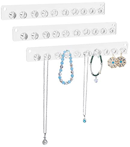 PH PandaHall 3 Stück Halskettenaufhänger, Acryl Schmuck-Organizer mit 10 Diamant-Halskettenhaltern Wandmontierte Aufbewahrungshaken für Halsketten Ohrringe Armbänder Fußkettchen Schlüssel für Frauen