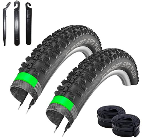 2 x Schwalbe Smart Sam Plus Fahrradreifen Addix Performance DD GreenG E-25 Snakeskin Fahrrad Decke Mantel 54-559 (26 x 2,10) + 2 Schwalbe SV13 Schläuche inkl. 3 Reifenheber