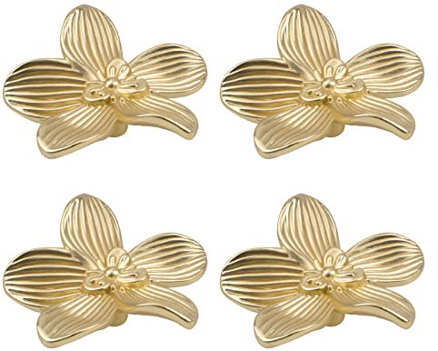 MOROBOR Lot de 4 boutons de commode en laiton massif en forme de fleur en forme de pétale pour armoire, commode, porte, décoration de meubles dorés