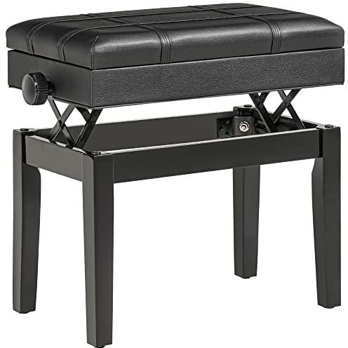 HOMCOM Banc de Piano, Banc de Clavier réglable en Hauteur en Bois Massif, Tabouret Piano avec Compartiment caché, siège rembourré polyuréthane, Stable et antidérapant, Charge 150kg, Noir