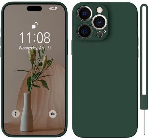 HGH für iPhone 15 Pro Max Hülle Silikon mit Lanyard, Handyhülle für iPhone 15 Pro Max Dünne Rundumschutz mit Weichem Microfiber-Innenfutter Stoßfeste Schutzhülle für iPhone 15 Pro Max Dunkel Grün