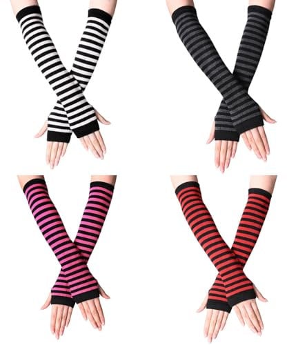 SwirlColor Arm Sleeves Women 4 Pairs, Striped Arm Warmers Long Fingerless Gloves for Women Sleeve Arm Warmers Autumn Winter Accessories