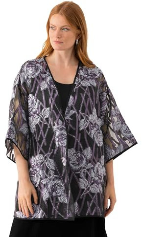 Ulla Popken Damen große Größen Übergrößen Plus Size Blusenjacke, florales Design, V-Ausschnitt, 3/4-Arm dunkel Flieder 50+ 823780824-50+