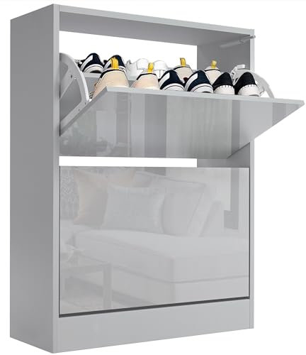 Blisswood High Gloss 2 Drawer Shoe Cabinet Cupboard, Shoe Storage Organiser Freestanding 2 Tier Wooden Shoes Rack Cabinet Modern Footwear Stand For Hallway, Living Room Furniture (Light Grey)