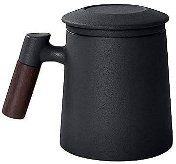Teetasse mit Deckel und Sieb,400 ml Keramik Tee Tasse mit Holzgriff,Teebecher für Täglichen und Bürogebrauch,Losen Tee Oder Beutel Tee Tasse,Matte Steinzeug Glasierte Teetasse für Geschenke