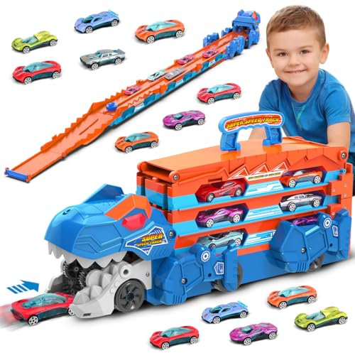 VATOS Dinosaur Transport Truck Car Toy - 2 In 1 Ejection Folding Track Toys with Sound, Portable Truck Car Toy with 8 Race Cars, Best Gift Carrier Vehicles Toys Set for Kids Age 3-5
