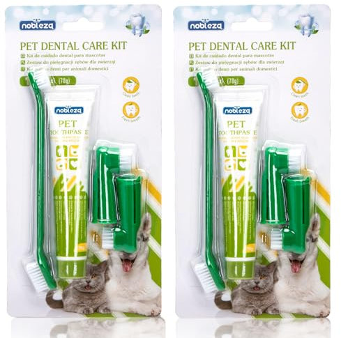 Nobleza 2 Pack Dog Toothbrush and Enzymatic Toothpaste Kit with 2 x Finger Toothbrush for Clean Pet Teeth, Eliminate Bad Breath, Remove Plaque and Tartar, Improve Gums Health and Pet Oral Hygiene Care