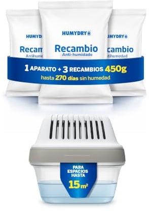 HUMYDRY Premium Plus 450 g + 3 Nachfüllpackungen - Geruchsneutral, wiederverwendbar, vermeidet Kondensation und Gerüche, ideal für geschlossene Räume - funktioniert ohne Strom