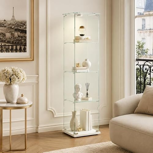 MGMYM Glasvitrine Standvitrine mit Tür und Schloss, 4 Lagen Sammlervitrine Vitrinenschrank, 1 Tür Glasvitrine Stehend Für Wohnzimmer Schlafzimmer Büro (Weiß 1 Tür, 4 Lagen+Licht B)