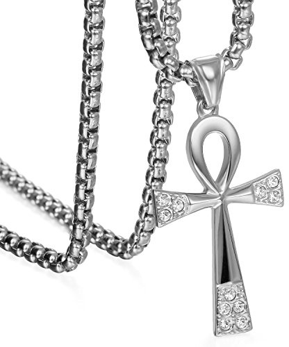 JewelryWe Men Women Stainless Steel Ankh Egyptian Life Cross Pendant Necklaces with Rhinestone Rock Necklace