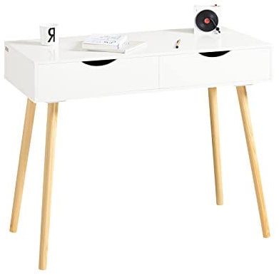 SoBuy Mesa Escritorio con 2 Cajones, Escritorio Pequeño para Ordenador, Mesa de Estudio Compacta, Desk Multifuncional, Blanco y Natural 90x45x77 cm FWT40-WN