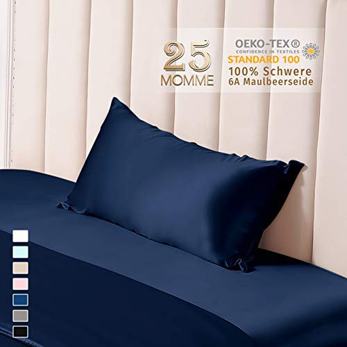 THXSILK 25 Momme Seide Kissenbezug für Haar und Haut - Maulbeerseide Kissenbezug - Hypoallergen mit Versteckter Reißverschluss - Pure Seide auf Beide Seiten … (Marineblau, 40x80cm)