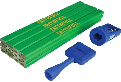 Faithfull Carpenters Pencil Kit 12 Pack with Pencil Sharpener & Holder - Hard (Green)