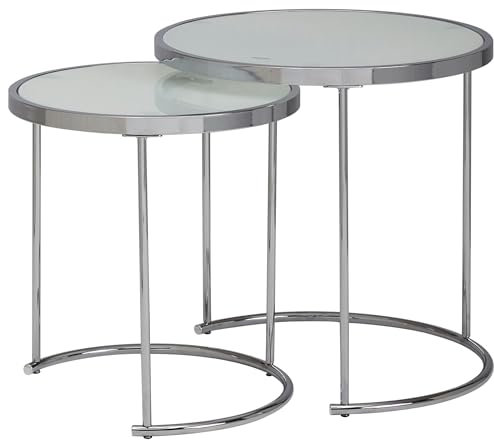 Wohnling Design Beistelltisch Rund Ø 50/42 cm - 2 teilig Weiß Silber mit Glasplatte, Wohnzimmertisch 2er Set, Satztisch Milchglas, Couchtisch