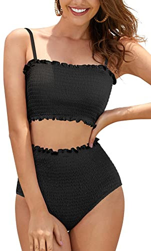 SHEKINI Damen Bikini Set Texturierte Bandeau Crop Top Bikinioberteil High Waist Bauchweg Bikinihose Ruched Zweiteiliger Badeanzug Strandmode(S,Schwarz)